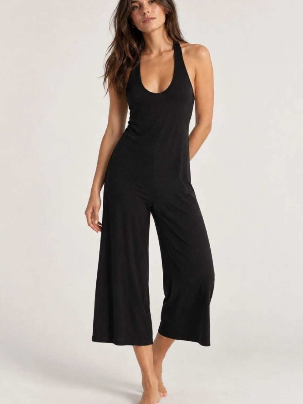 Beyond Yoga Featherweight Hang Loose Jumpsuit Black Racerback Cropped Wide Leg S